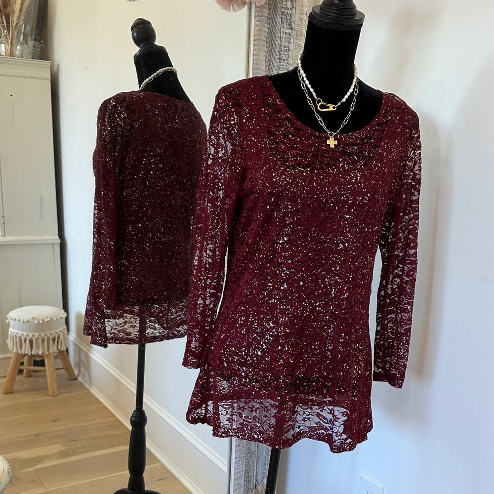 Reba Burgundy Lace Long-Sleeve Scoop Neck Top